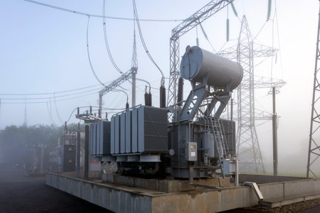 Voltage transformer substation on a foggy spring morning. Transformer in the fog.の写真素材