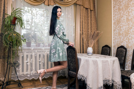 Photo of a young beautiful woman posing, dressed and posing in a new dress at home near the window.の写真素材