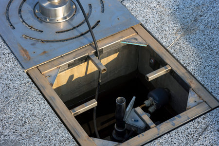 Maintenance work on the fountain and lighting under street utilities in the city square.