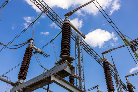 High-voltage disconnectors on insulators. High voltage substation.の写真素材