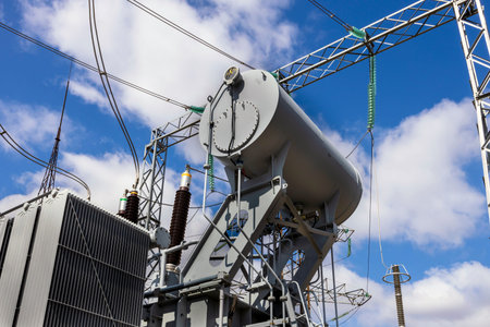 Three-phase high-voltage transformer of high electrical power at a substance against the blue sky.