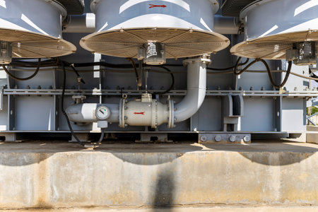 View of the pump and fans with radiators of the high-voltage transformer cooling system