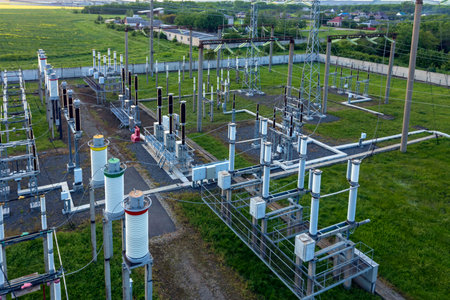 Top view of the electrical substance. Substation with transformers, insulators and switches...