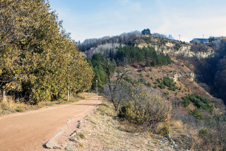 A beautiful landscaped park with benches, walking paths and green laws.の写真素材