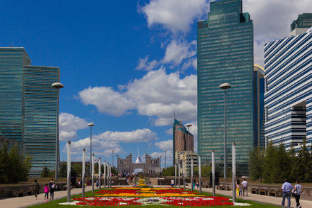 City street with flowers, Astana, Kazakhstanのeditorial素材