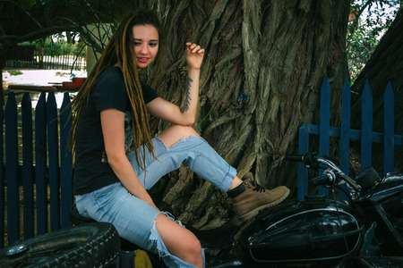 girl on a motorcycle. vintageの写真素材