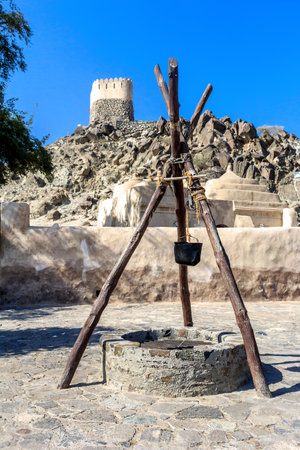 Ancient Arabic well near the mosque Al Bidyah.Fujairah, UAE - January 4, 2017. Al Bidyah mosque is located approximately 30 kilometers north of the city of Fujairah. The mosque was built in 1446, but in fact the exact date of construction has not been estのeditorial素材