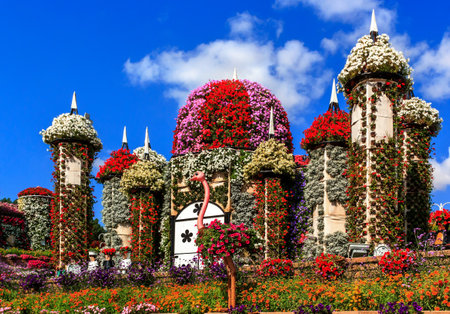 Dubai, UAE - January 5, 2017. Dubai Miracle Garden - Flower House and ostrich in the foreground. Dubai Miracle Garden is the largest natural flower garden in the world with a wide variety of different colors arranged in a heart shape, star, or other shapeのeditorial素材