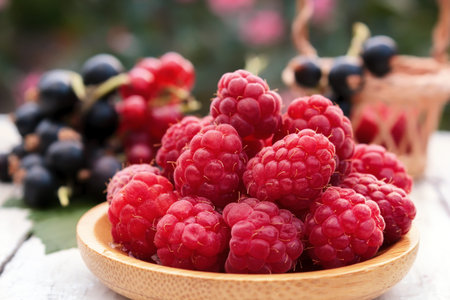 Fresh raspberries in a wooden plate on a background of garden berries. Healthy food