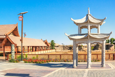 Dubai, UAE - December 30, 2017. building of the pagoda in the Asian location of Dubai Safari Park. Dubai Safari Park is a park in Dubai, where animals from all over the world are gathered. Animals live in natural conditions, and spectators on special buseのeditorial素材