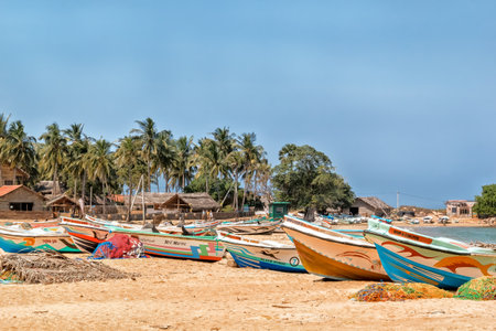 Kalpitiya, Sri Lanka - January 1, 2018. Fishing boats in the traditional fishermen's village in Sri Lanka. Near the village of Kalpitia on the oceanfront there are many small fishing villages with traditional buildings. Fishing here is carried out by modeのeditorial素材