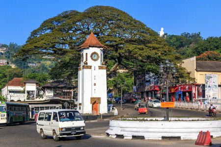Kandy, Sri Lanka - January 8, 2018. city square Clock Tower in the morning. Workday trafficのeditorial素材