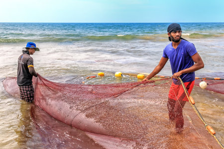 Colombo, Sri Lanka - January 14, 2018. Two fishermen get from the sea to the shore a trawl with fish on a sunny dayのeditorial素材