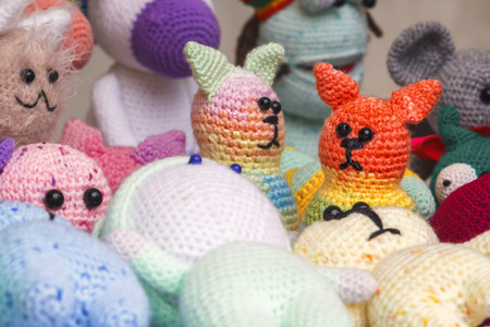 Knitted handmade dolls for sale in the street shop of souvenirsの写真素材