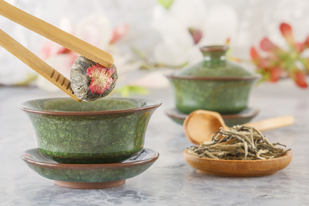 bud of green tea is dipped in a traditional Chinese porcelain cup at a tea ceremony with special wooden tweezers.の写真素材