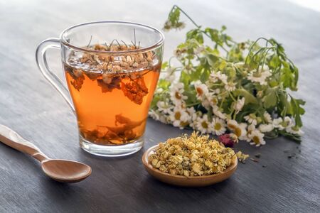Herbal tea with pharmaceutical chamomile on a gray wooden table. Close-upの写真素材