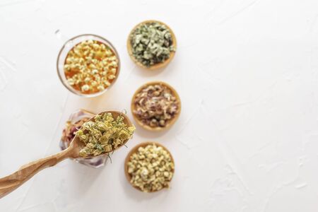 Herbal tea with pharmaceutical chamomile, dry chrysanthemum and hunters on a white table. Top view. Copy spaceの写真素材