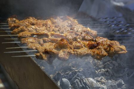 Meat kebab in thick smoke above the brazier. Close-upの写真素材