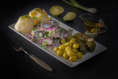 Pickled herring slices with red onion, fermented cucumber, potatoes, olives and lemon in a white...