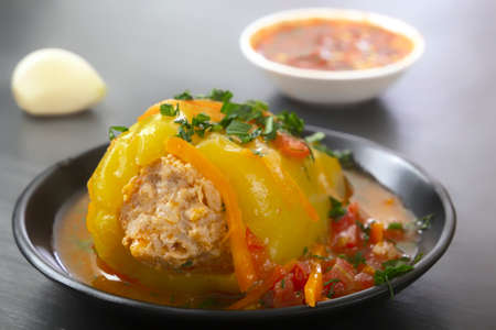 Baked bell peppers stuffed with meat, onions, rice, served in a vegetable sauce with tomatoes and herbs. Close-upの写真素材