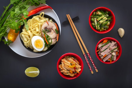 Noodles with pieces of meat and egg in a black plate and dim sums with different traditional snacks...