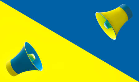 Two 3D models of two-color outdoor loudspeakers on a blue and yellow background. Copy space. Make upの写真素材