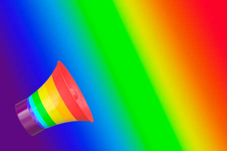 Rainbow striped megaphone against the background of stripes of the LGBT community flag, loudspeaker in the form of LGBT pride stripes, symbol of gays, lesbians, etc., Sign of free love, 3D megaphone renderの写真素材
