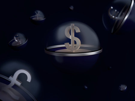 Dollar symbol in a blue sphere with a transparent top, surrounded by symbols of other currencies - the euro, yen, British pound on a dark blue background. 3D. Finance. Forex trading concept.の写真素材