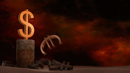 Gilded dollar has dropped the sign of the European currency from the pedestal and stands on an old pedestal surrounded by rusty symbols of other currencies against the background of a red sky with clouds. Dollar strengthening concept. Finance. 3Dの写真素材