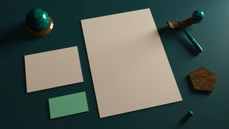 Business style mockup with blank sheets of different sizes and colored stone tableware. 3D rendering. Template design with place for textの写真素材