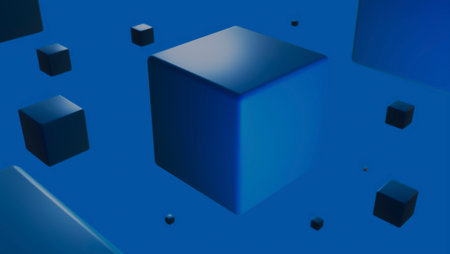 Flying blue cubes on a monochrome background. 3D rendering. Blank for design. Layout. Place for text. Abstractionの写真素材