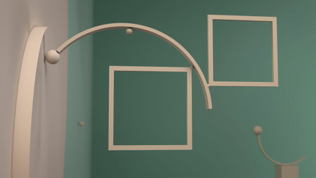 Two frames for product demonstration in pastel colors among geometric abstract shapes on a stand. 3D...