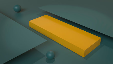 Gold-colored product promotion box lies among geometric shapes on a green background. 3d rendering...