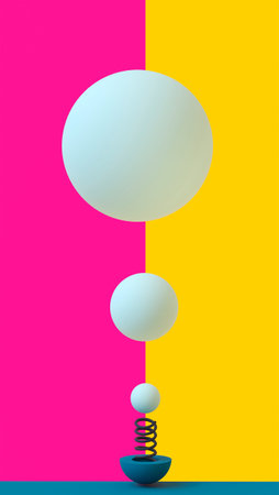 Balls flying from a spring on a bright two-color purple-yellow background. 3D rendering. Blank for...