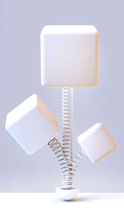 Light cubes on springs on a gray background. 3D rendering. Blank for design. Layout. Place for logo or text. Abstraction. Minimalism one colorの写真素材