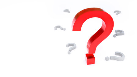 Bright red question mark rises above the gray characters on a light background with room for text or...