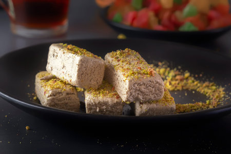 Sunflower halva sprinkled with crushed pistachios on a black plate against a background of...