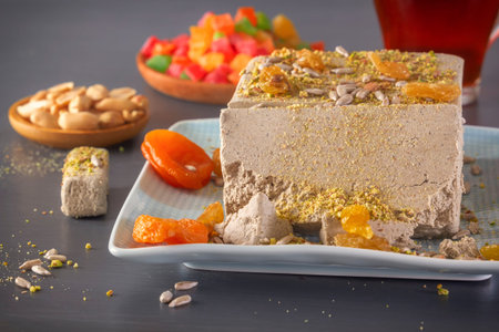 Sunflower halva sprinkled with crushed nuts and raisins on a blue plate with pistachios, peanuts,...