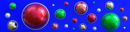 Realistic multicolored hemispheres in an abstract composition on a bright blue background. 3D...