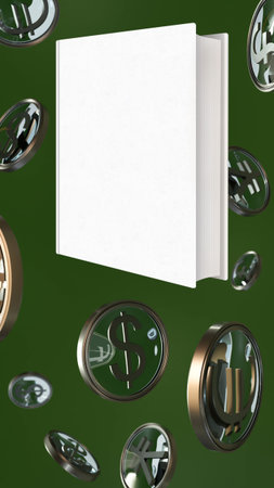 Hardcover mock-up book with space for text or logo, surrounded by currency symbols in round...