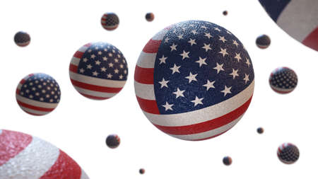 Balloons with a rough surface in the colors of the US flag in different sizes in flight on a white background. 3D. Blank for design. Layout. Isolatedの写真素材
