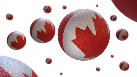 Balloons with a rough surface in the colors of the flag of Canada with a red maple leaf in different...