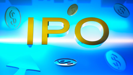 IPO inscription from 3D letters of gold color on a blue background with coins and abstract shapesの写真素材