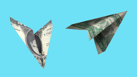 Paper plane from a dollar bill on a blue background. 3D rendering. Isolatedの写真素材