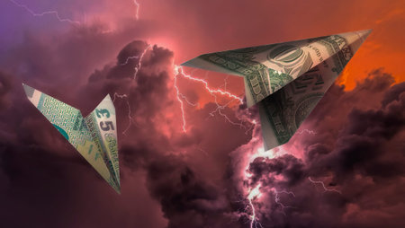 Paper airplane banknotes fly against a stormy sky. The dollar is gaining height, the British pound...