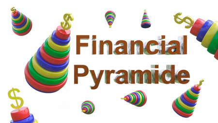 Chaotic movement of children's composite multi-colored pyramids with a dollar symbol on top and the volumetric text Financial pyramid. 3D rendering. Blank for design. Layout. Isolatedの写真素材