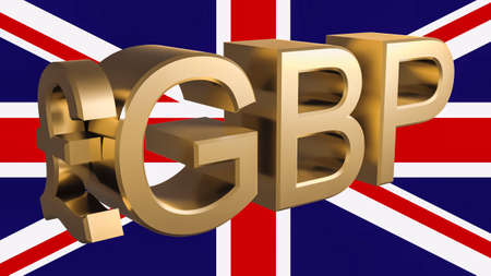 Gilded GBP pound sterling symbol against the background of the UK flag. Finance concept. Rendering 3D.の写真素材