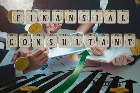 Cubes with the inscription Financial consultant on the background of people's hands with calculators, arrows and falling coins with a dollar symbol. Finance concept. 3D rendering. Layout. Collageの写真素材