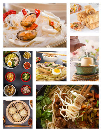 Food collage of traditional Chinese food - noodles, meat, seafood and tea. Fast foodの写真素材
