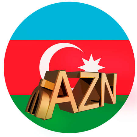 Gilded symbol of AZN manat against the background of the flag of Azerbaijan. Finance concept. Rendering 3D. Isolatedの写真素材
